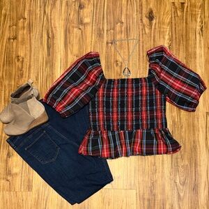 Draper James womens large Top Smocked Peplum Puff Sleeves Red Black Plaid nwot